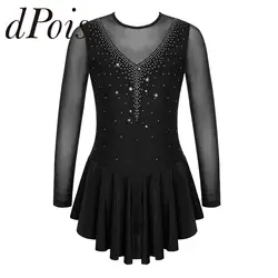 Girls Rhinestone Figure Skating Dress See-through Ballet Leotards Dresses Mesh Splice Style Ice Skating Performance Dancewear