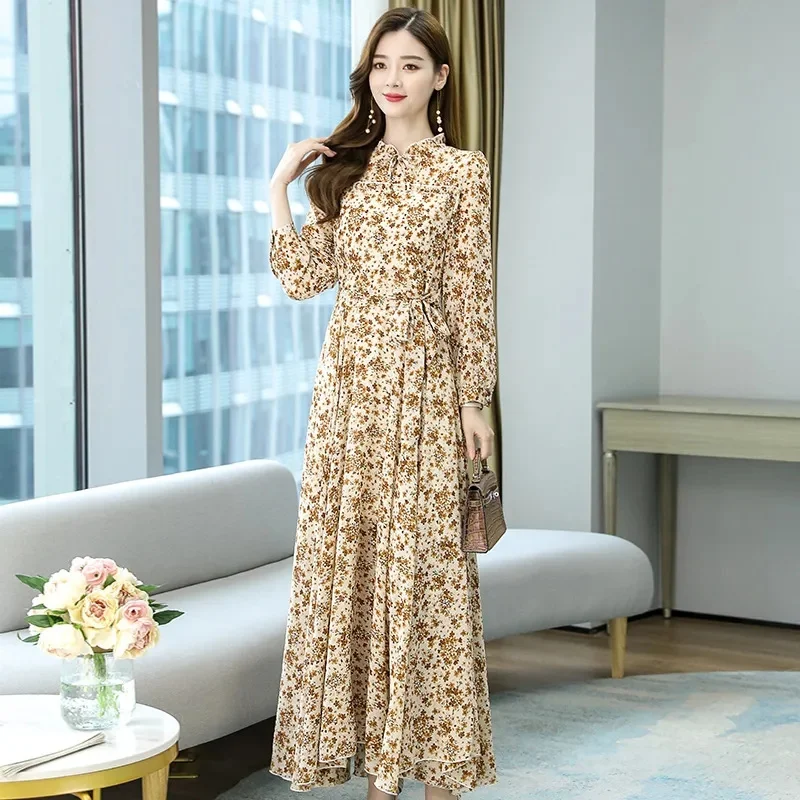 Women Long Dresses Sping Autumn Bohemian Casual Full Sleeve High Waist Beach Woman Chiffon Dresses Floral Vestidoes Maxi Dress