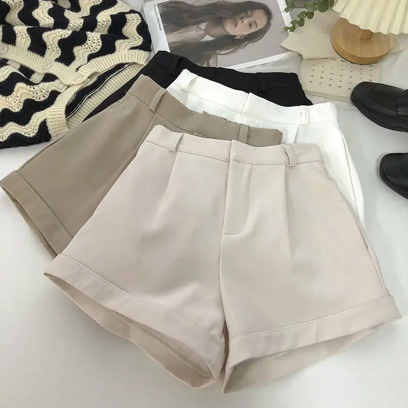 Summer Shorts Women Elegant Suit Shorts Solid High Waist Wide Leg Short Pants Women Office Lady Korean Fashion Black White 2024