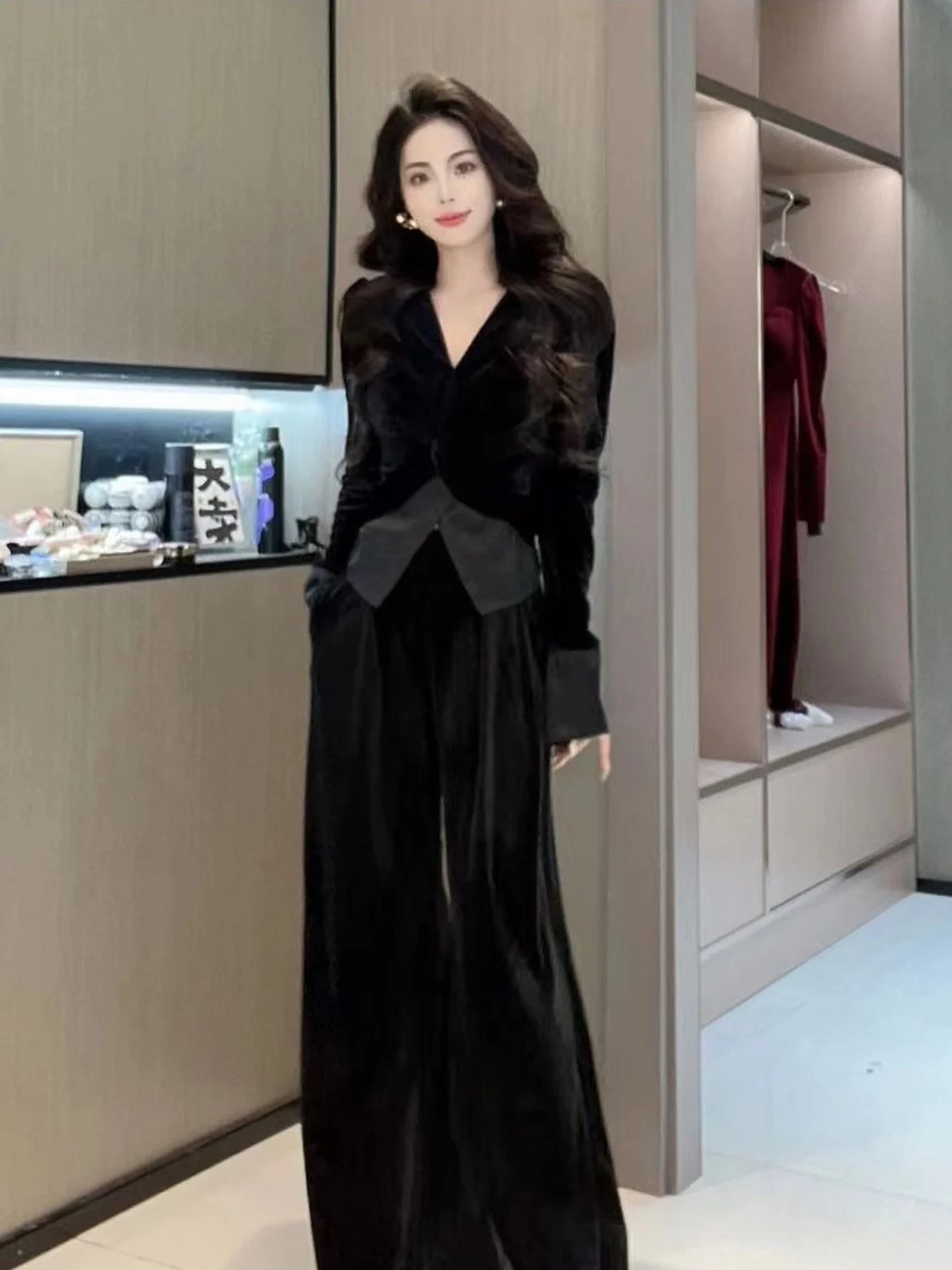 Elegant Twist Design V-Neck Long Sleeve Top High Waist Casual Pants Two-Piece Set Women's Autumn New Style Casual Wear