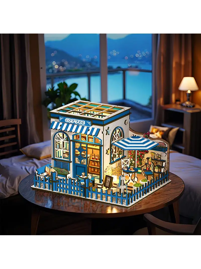 

Handmade Miniature Blue Sea View House Assembly Toy DIY Small House Sunlight Coffee Plaything Craft Gift for You And Me