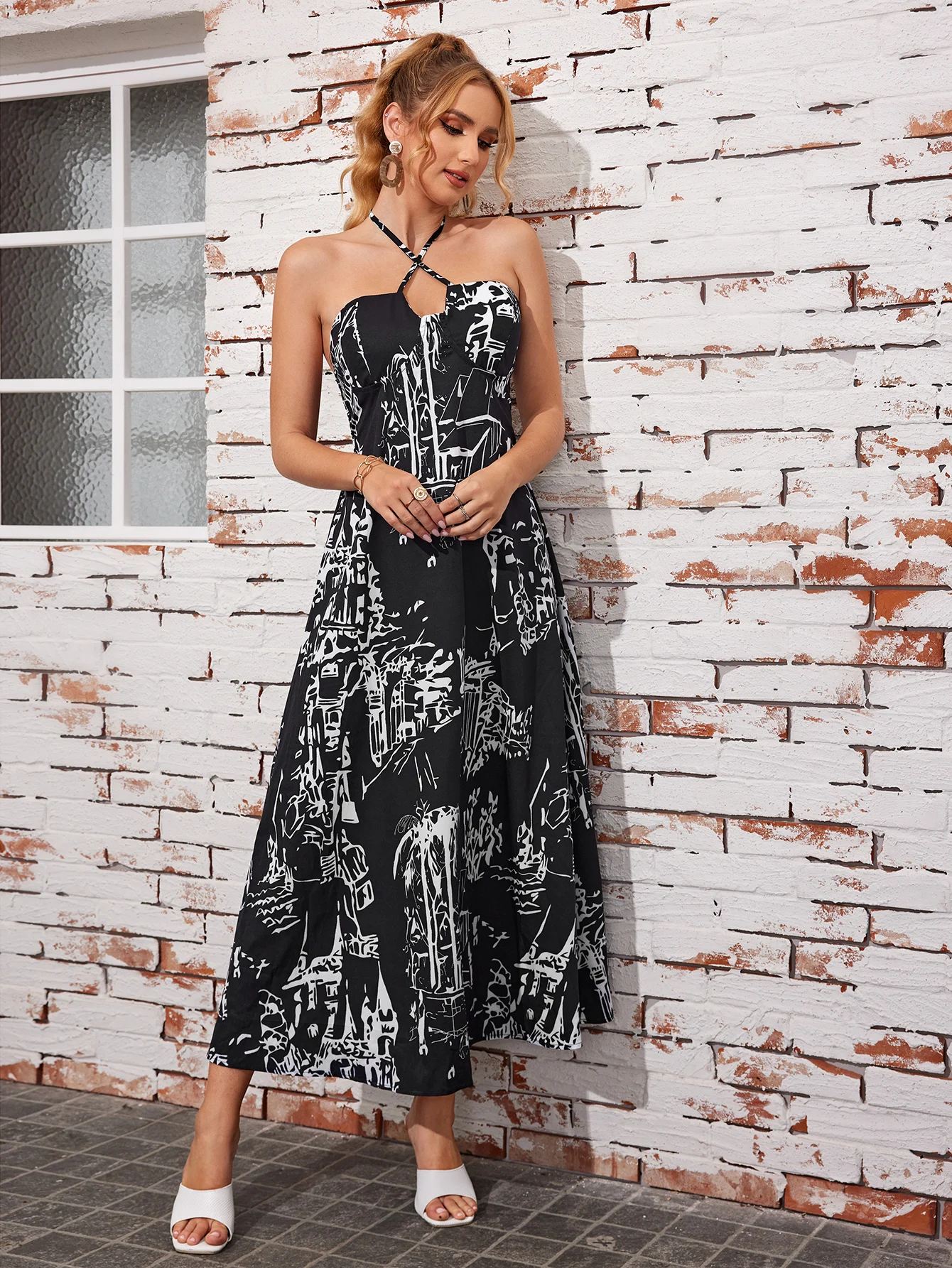 

Summer New Hand Painted Backless Women Dress Elegant Print Camis Halter Long Dresses For Ladies