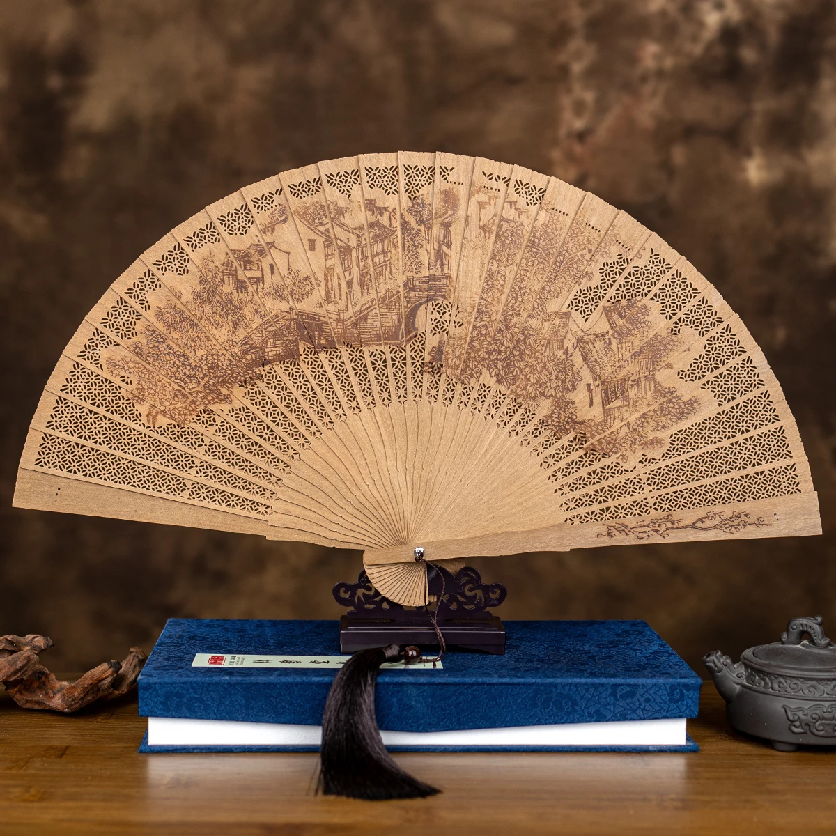 Burmese fragrant wood fan with ancient style hollow out craftsmanship, all wood fan, folding fan, women's Chinese style gift