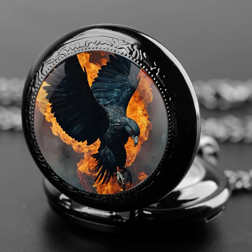 Eagle Themed Glass Dome Quartz Pocket Watch Classic Arabic Numeral Dial with Durable Chain for Men Creative Gifts