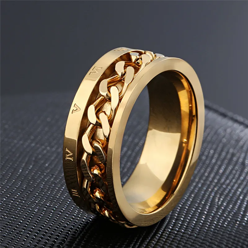 Unisex Gold Color Roman Numerals Spinner Chain Ring
