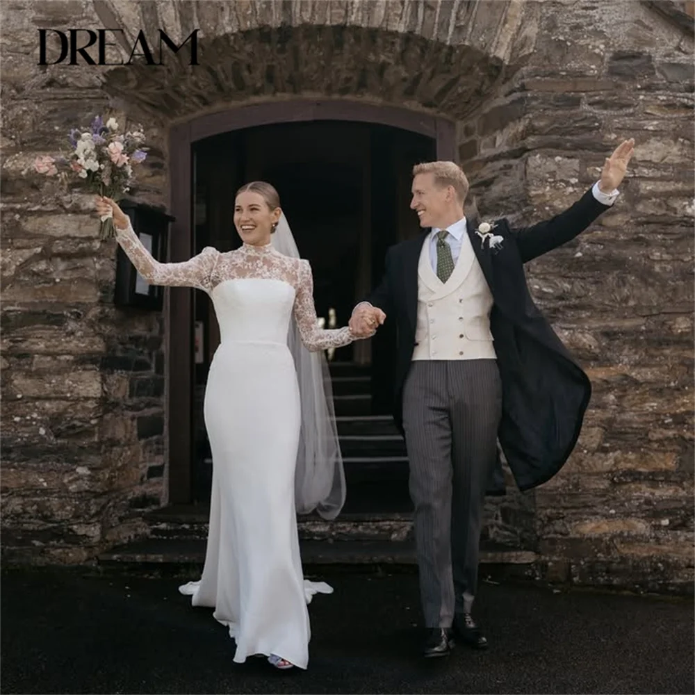 

Modern Lace Mermaid Wedding Dress 2025 Long Sleeve High Collar Applique Illusion Back Bridal Gown Vestidos De Novia Customized