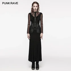 PUNK RAVE Damska gotycka elastyczna dzianina i siatkowa formalna sukienka slim fit Sexy Mystery Party Club Czarne długie sukienki