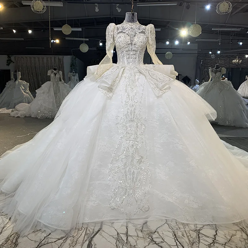 

International Luxury Wedding Gown For Bride O-Neck Full Sleeves Beading Organza Wedding Suits Embroidery Vestido De Novia MN130