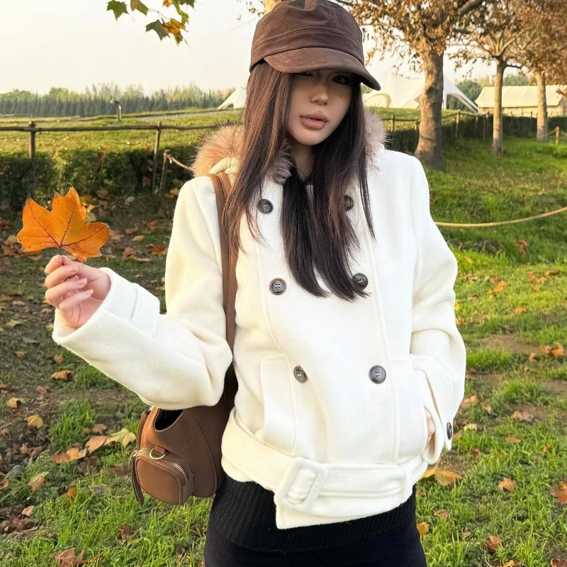 

College Style Fur Collar Hooded Woolen Women's Coat Autumn Winter New Double Breasted Thickened Casual Versatile Coats Ladies