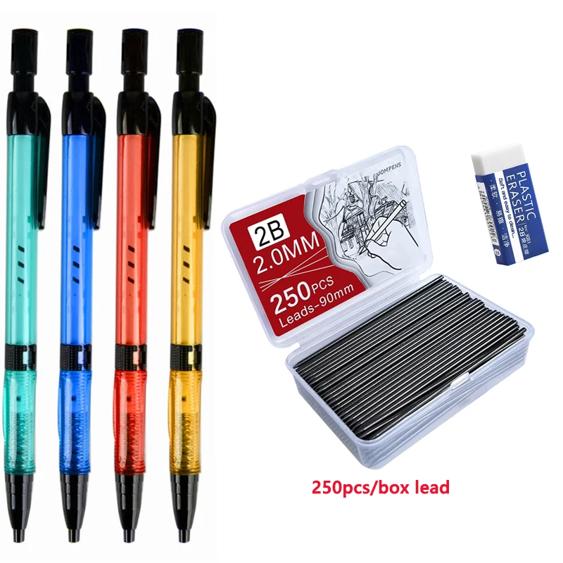 Mechanische potloodset 2,0 mm met 2B potloodvullingen en gum voor schrijven, schetsen, tekenen, schilderen, school, automatische potloden