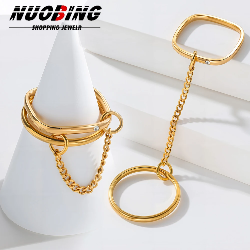 

High End PVD No Fade Personality Two Circle Cubic Zirconia Multi-Link Connected Stainless Steel Finger Stackable Rings ﻿