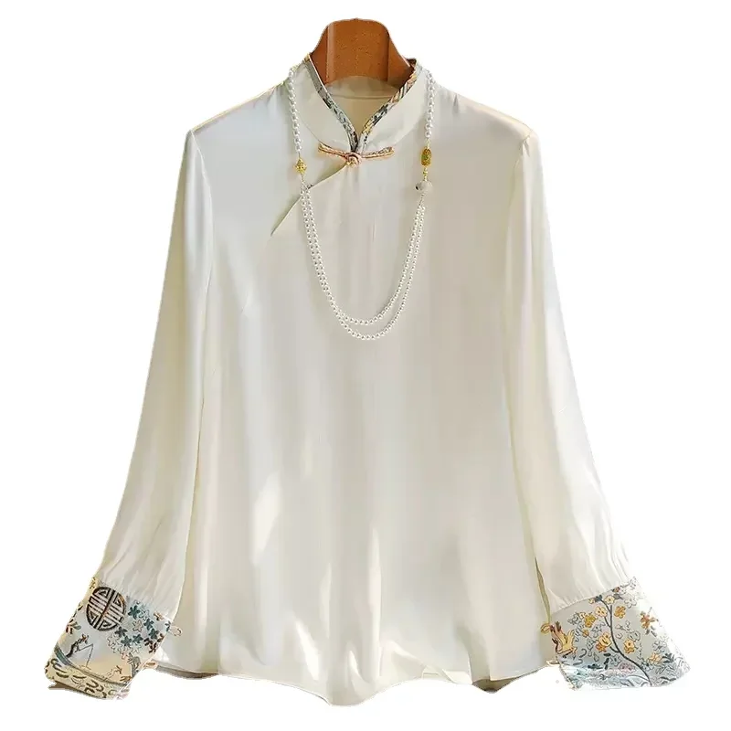 Women's Chinese Style Embroidery Loose Vintage Blouses, Ladies Clothing, Spring and Summer Fashion, Long Sleeves Tops