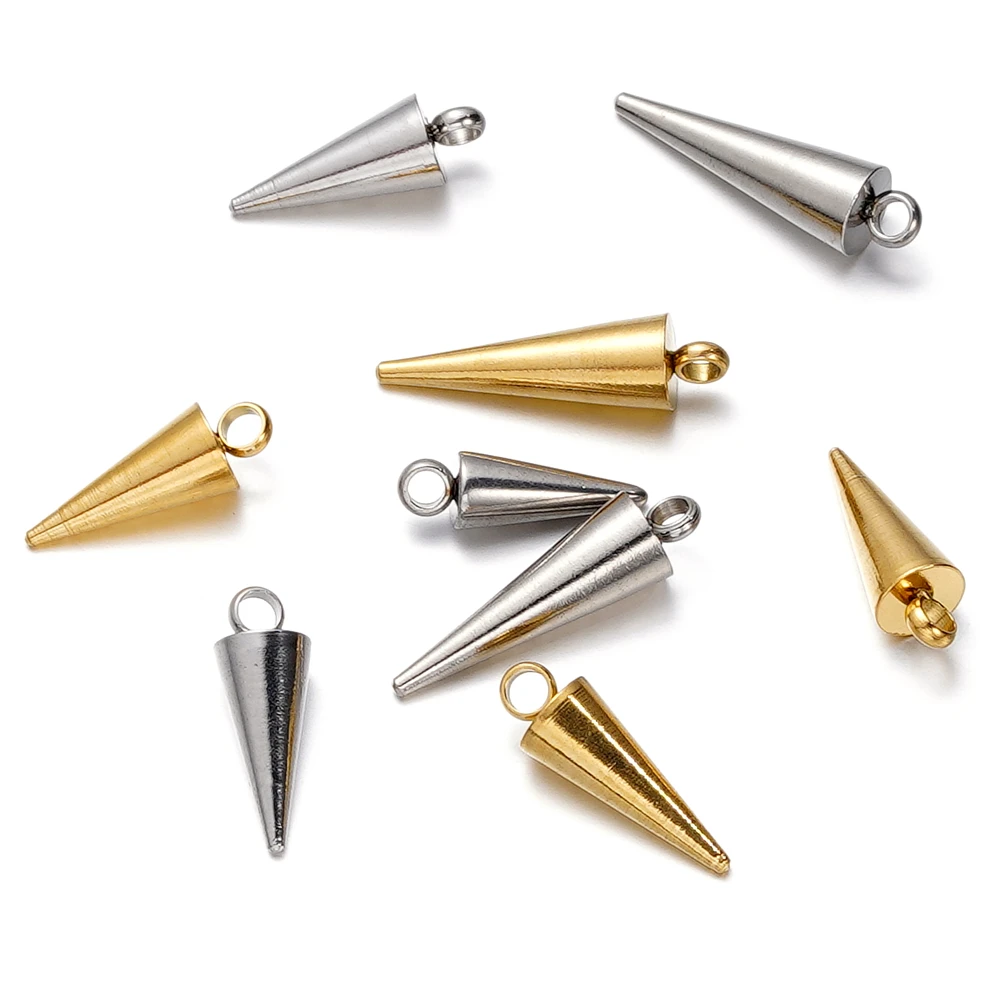 10pcs/lot Stainless Steel Cone Charms Retro Spike Beads Pendants for Women Man Hoop Earring DIY Jewelry Making Supplies