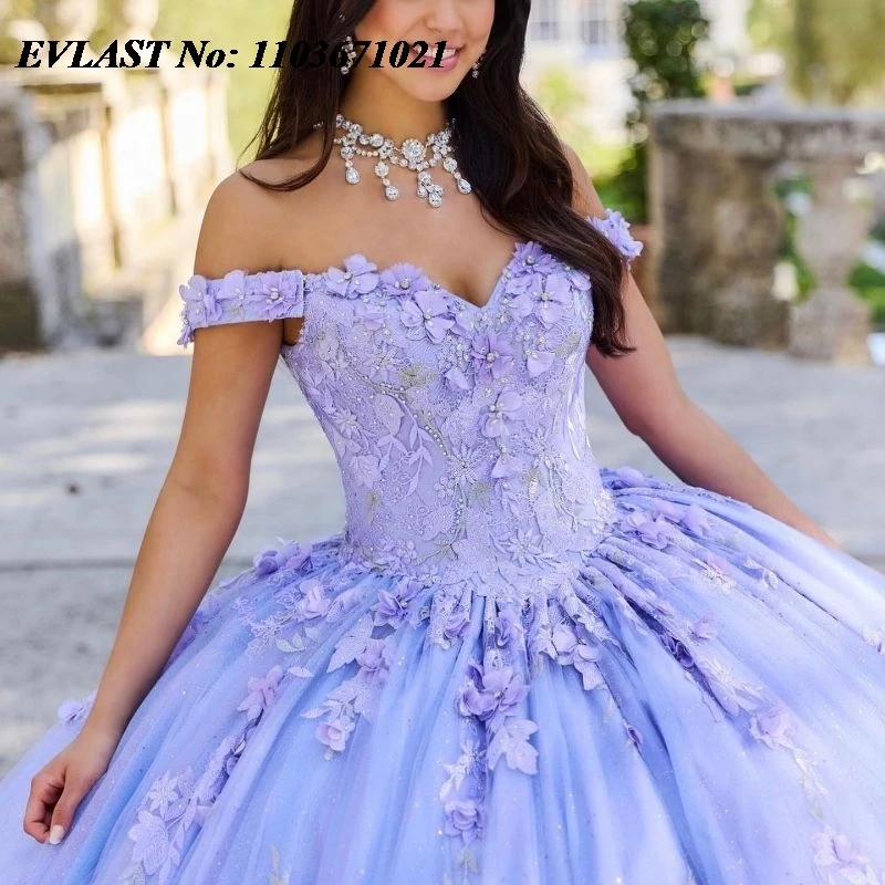 EVLAST-Vestido Quinceanera, 3D Flower Applique, Espartilho Cristal Frisado, Vestido de Baile Sweet 16, Lavanda México, SQ69, 15 Anos