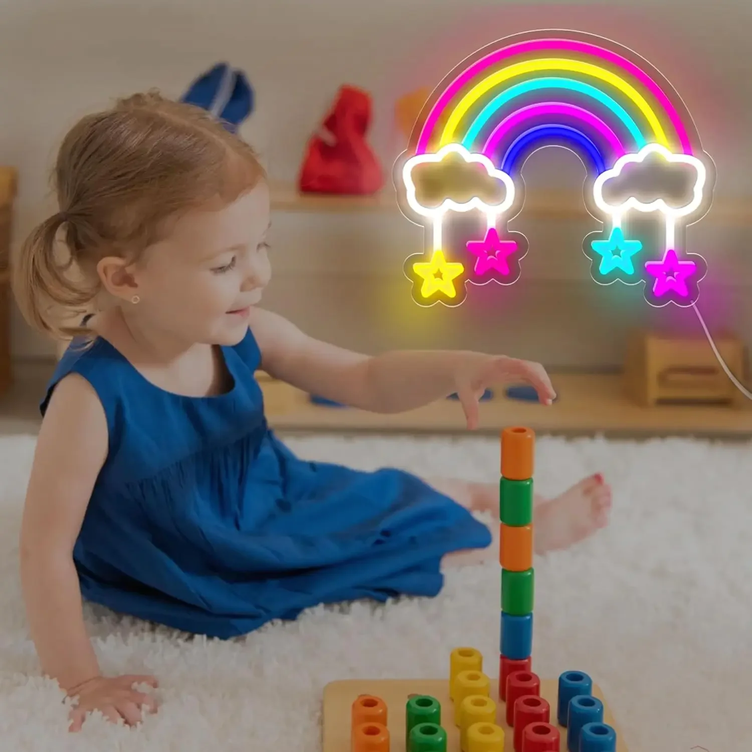 Rainbow Cloud Star Neon Sign LED Wall Art USB Powered Kids Room Decor Home Nursery Storefront Novelty Gift Hanging Light