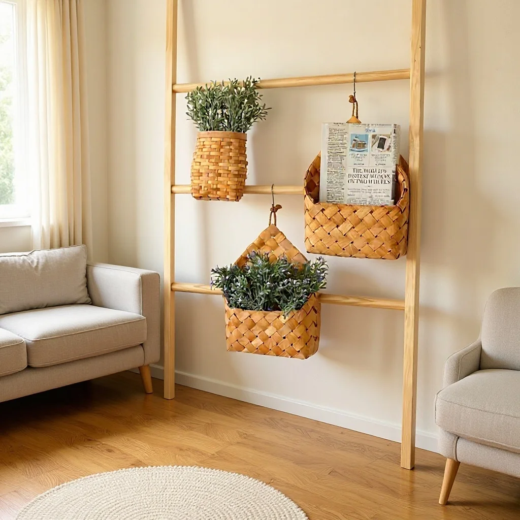 1pcs Wall Mounted Woven Hanging Basket Home Storage and Decoration Flower Pot Indoor Wooden Flower Basket