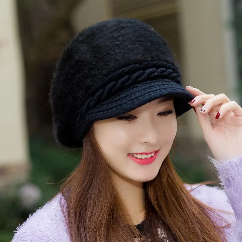 Women Winter Beret Hats Thick Knitted Rabbit Fur Caps Wool Knitted Female Berets Warm Cap Skullies Cabbie Beanies Hats