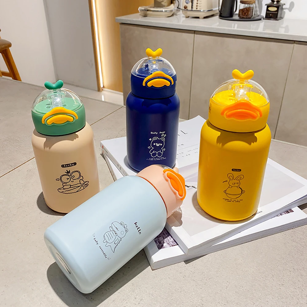 

YCALLEY Little Yellow Duck Stainless Steel Thermo Bottles 350ML 420ML Straw Dust Cover Cute Cartoon Student Thermos Water Bottle