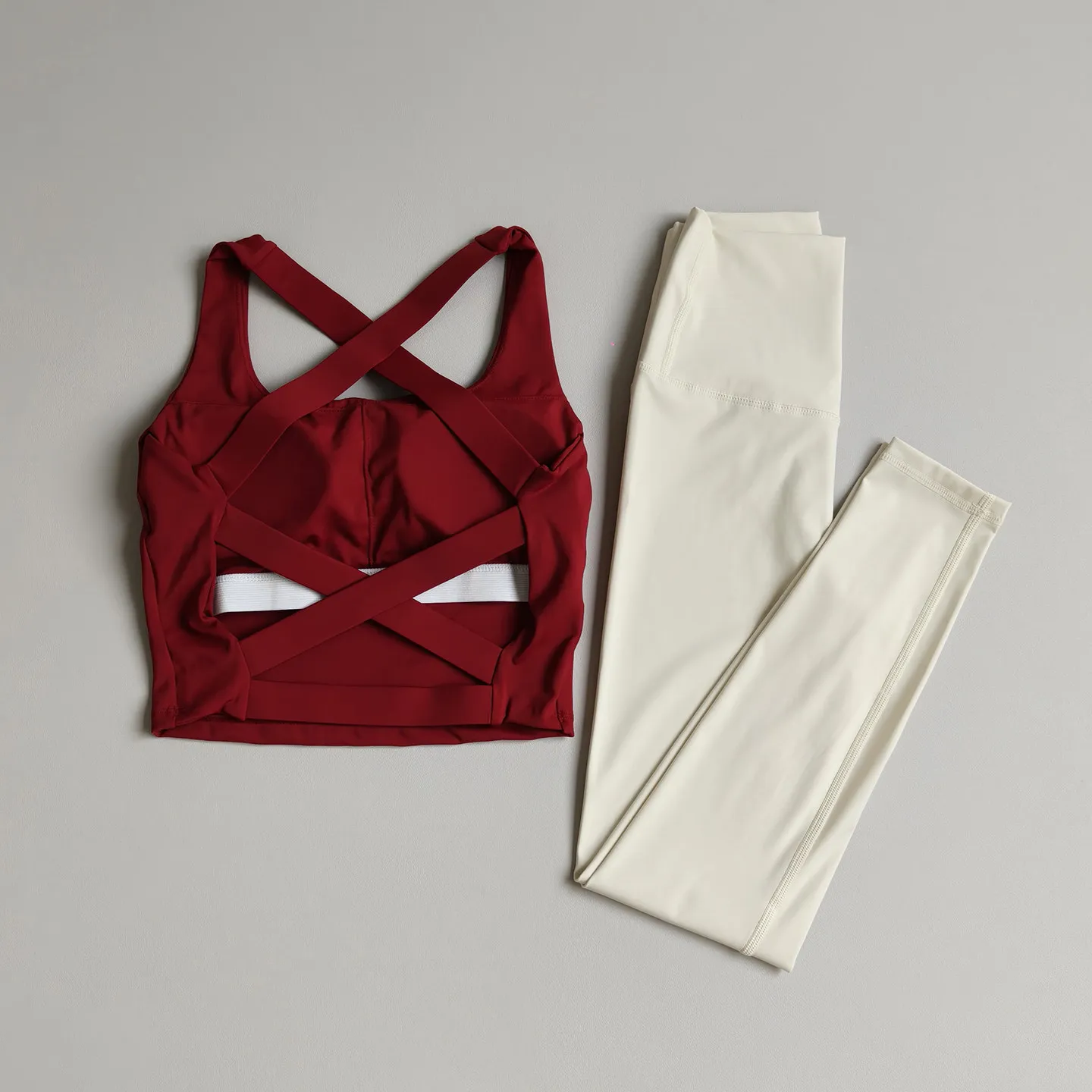 Women's Yoga Clothing Suit Cross Back Pilates Bras Fitness Exercise High-Waisted Leggings Nude Belly-Control Nine-Point Set