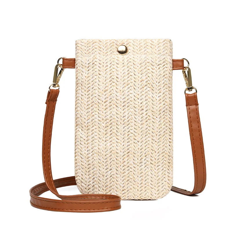 Moda Feminina Palha Senhoras Crossbody Messenger Bag Verão Bohemia Beach Rattan Shoulder Bag Pequeno Sólido Telefone Móvel Coin Purse