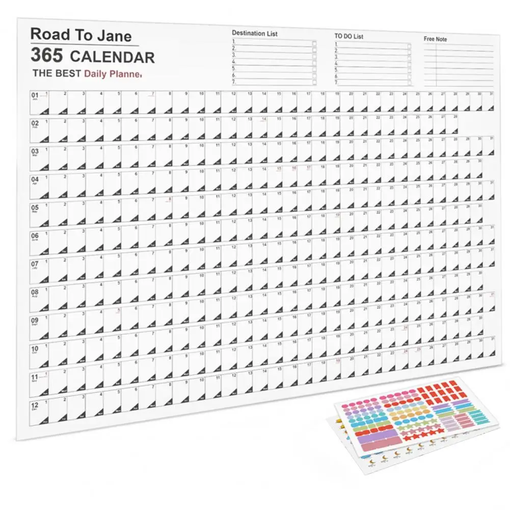 1 Set Helpful 2023 365 Day Poster Calendar Planner Tear-Resistant Poster Calendar with Stickers for School