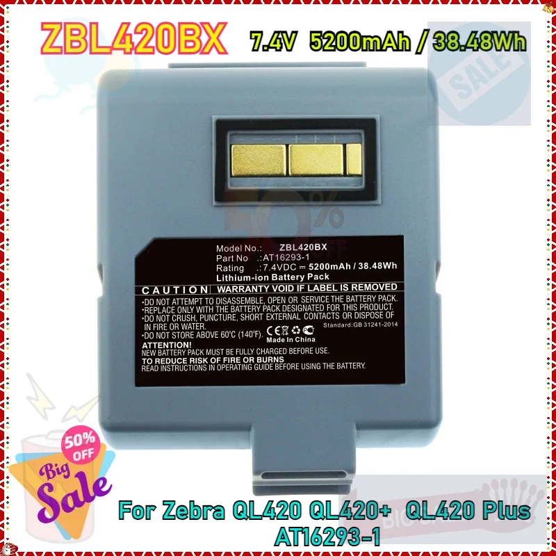 

ZBL420BX Battery for Zebra QL420 QL420+ / Plus Printers Battery AT16293-1 5200mAh 38.48Wh