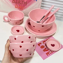 Original Hand Pinched Pattern Plate Ins Style Korean Rice Bowl Plate Pink Love Series Ceramic Tableware High Beauty for Home Use