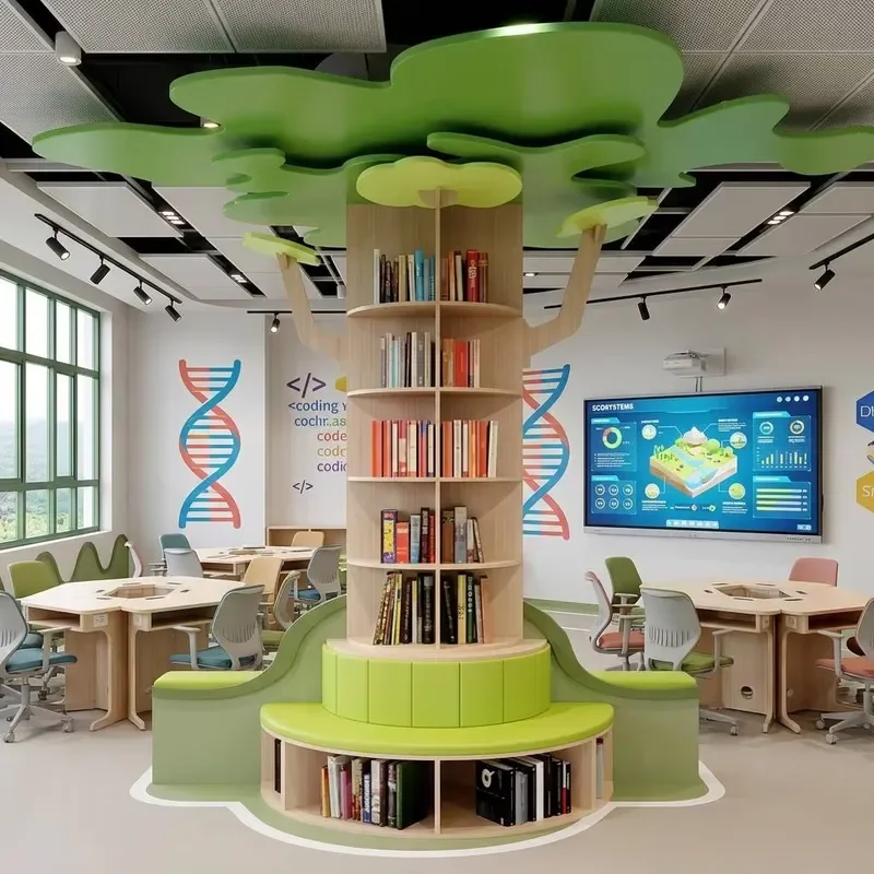 Montessori Tree-Shaped Library Shelf with Padded Seats - Natural Style Reading Corner for Preschoolers and Daycare Centers