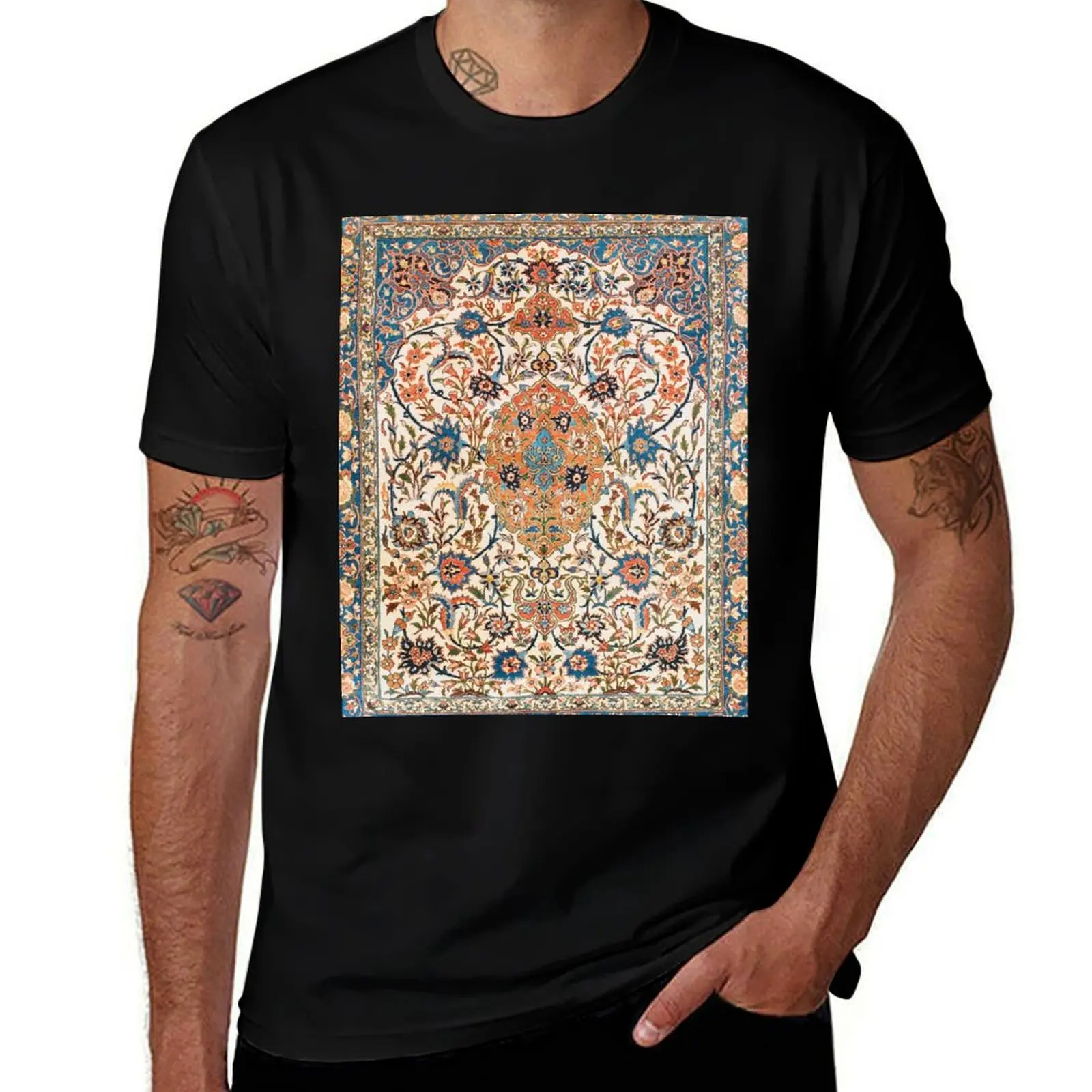 Isfahan Antique Central Persian Carpet Print T-Shirt Non-Shrink Basic Cotton T-Shirt