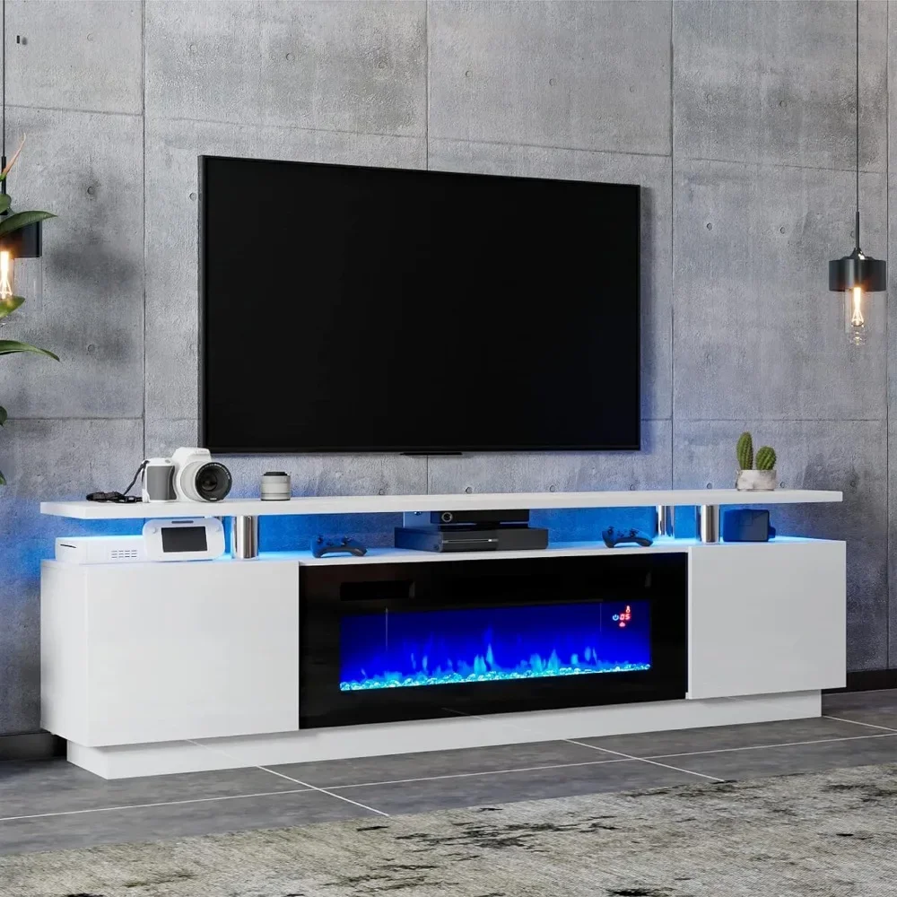 

Modern Fireplace TV Stand, High Gloss Finish Media Console with Open Storage, LED Lights Entertainment Center for TVs Up to 80"