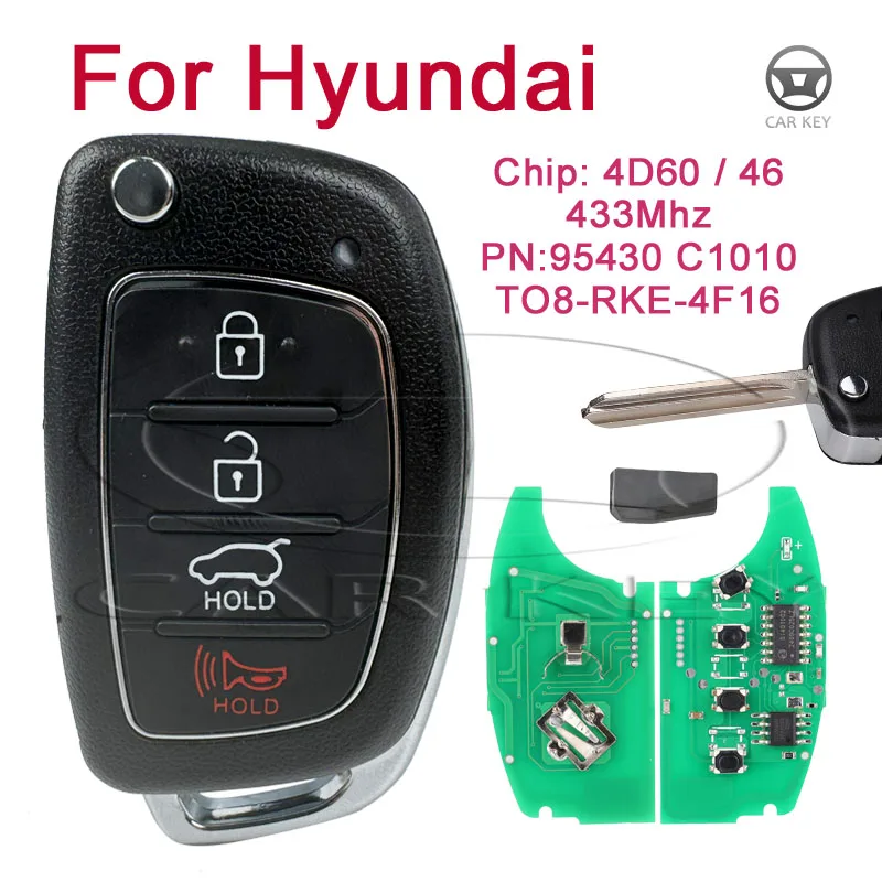 Flip Smart Remote Car Key For Hyundai Sonata 2014 2015 2016 2017 2018 ID:TQ8-RKE-4F16 95430-C1010 46/4D60 Chip 433MHz 4 Buttons