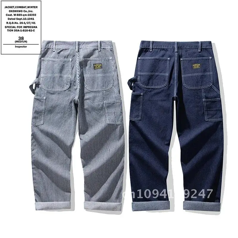 OKONKWO Outdoor Denim Railway Workers Pants AMEKAJI Multi Original Striped Overalls Pocket Trousers Hiking Trekking Camping Work