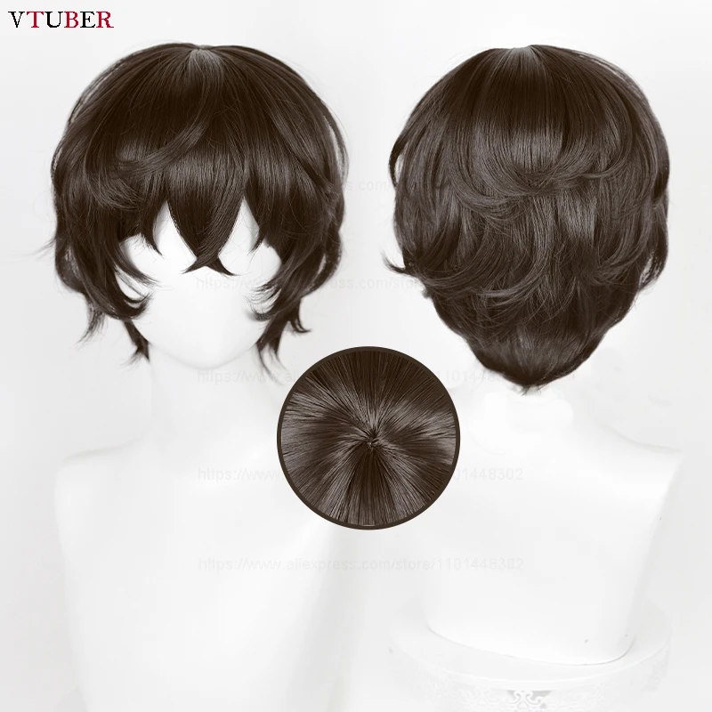 Dazai Osamu Cosplay Wig Anime Dark Brown Short Scalp Heat Resistant Synthetic Hair Halloween Party Wigs + Wig Cap