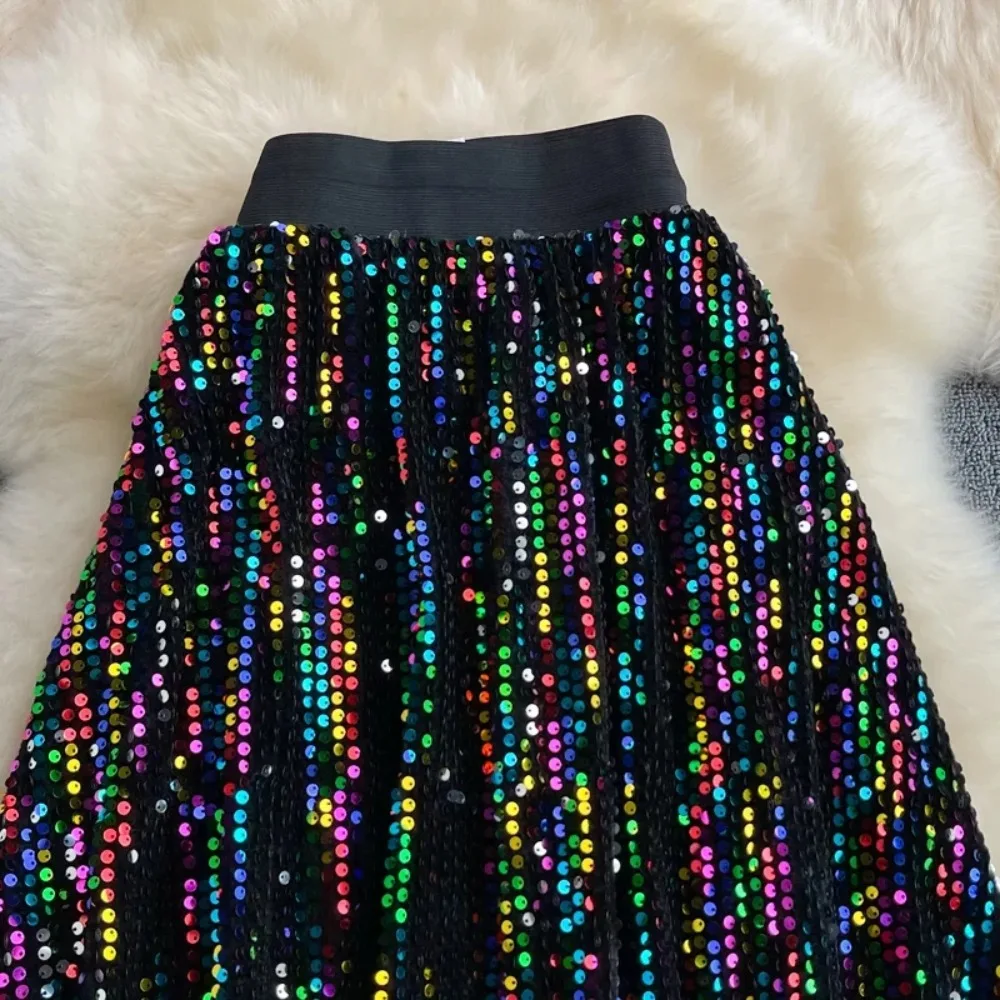 Falda elegante de lentejuelas para mujer, falda acampanada de moda coreana elegante de cintura alta, ropa informal de verano