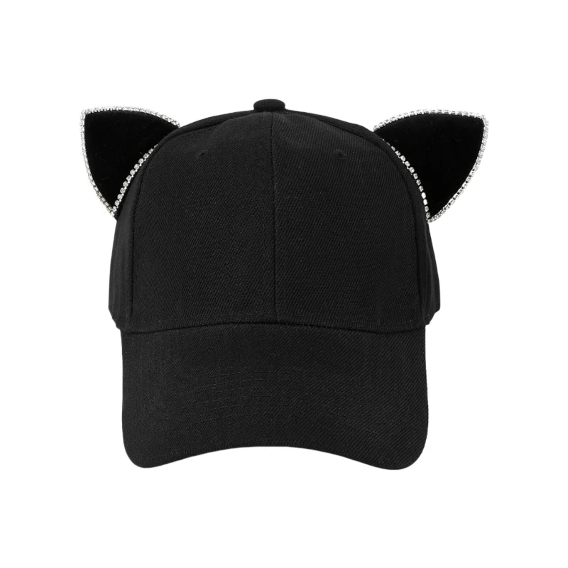 

Adult Teens Sparkly Rhinestones Cat Ears Baseball Cap Women Men Casual Adjustable Sun Hat Travel Outdoor Sports Streetwear Hat