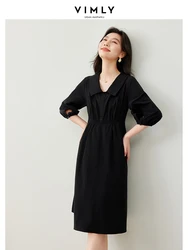 Vistly French Style Straight Loose Side Lace-up Black Dress Women 2024 Spring risvolto Lantern Sleeve Casual Pullover Dresses 30091