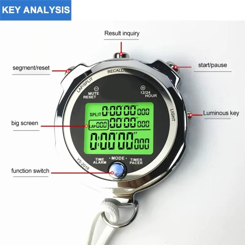 XSXS-Professional Digital Stopwatch Timer Metal Luminous Display 0.001S Precision For Sports Running Training Portable Channels