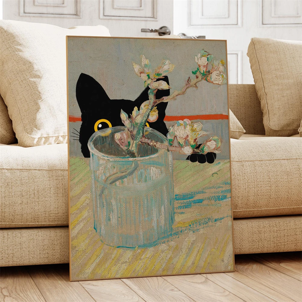 Cat Print Funny Poster Bistro Dining Pasta Posters Italian Kitchen Prints Decor Cat Print Starry Night Vincent Van Gogh Prints