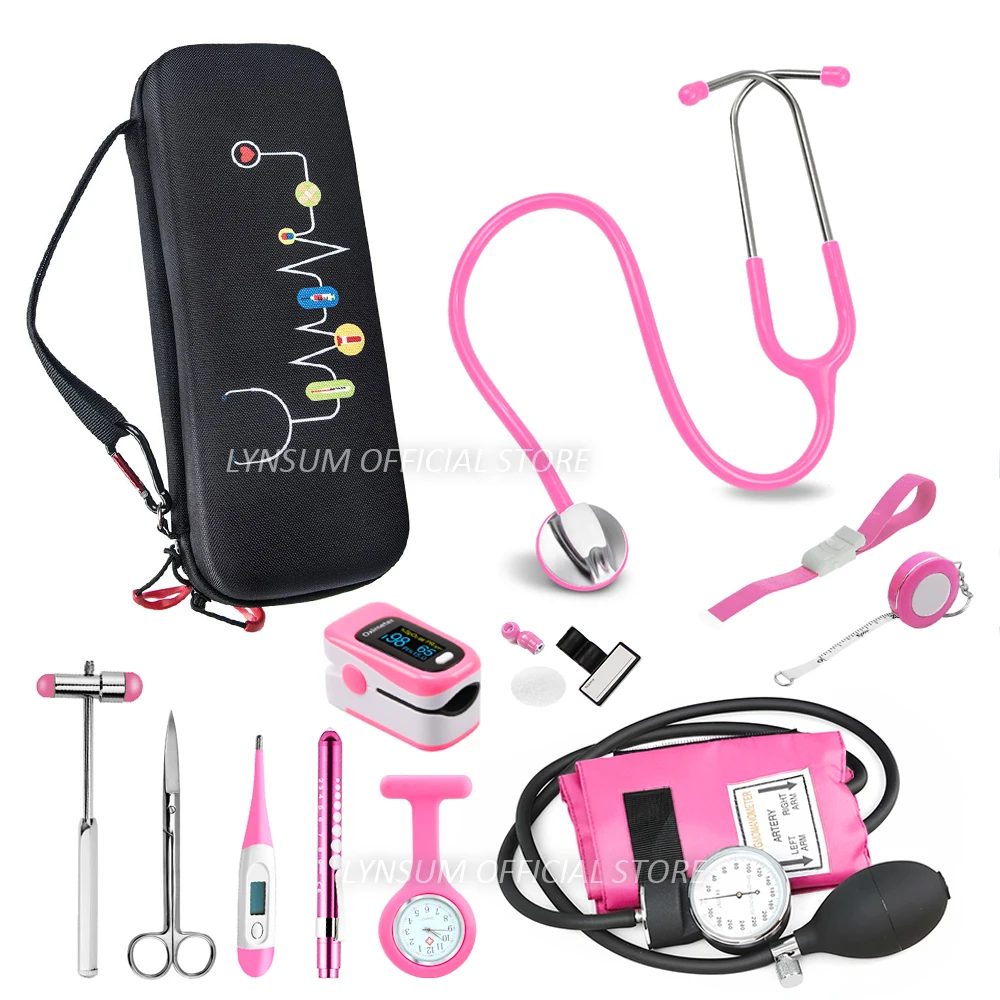 Medical Storage Nurse Starter Kit Health Monitor with Stethoscope BP Manometer Reflex Hammer First Aid Tourniquet Penlight D2