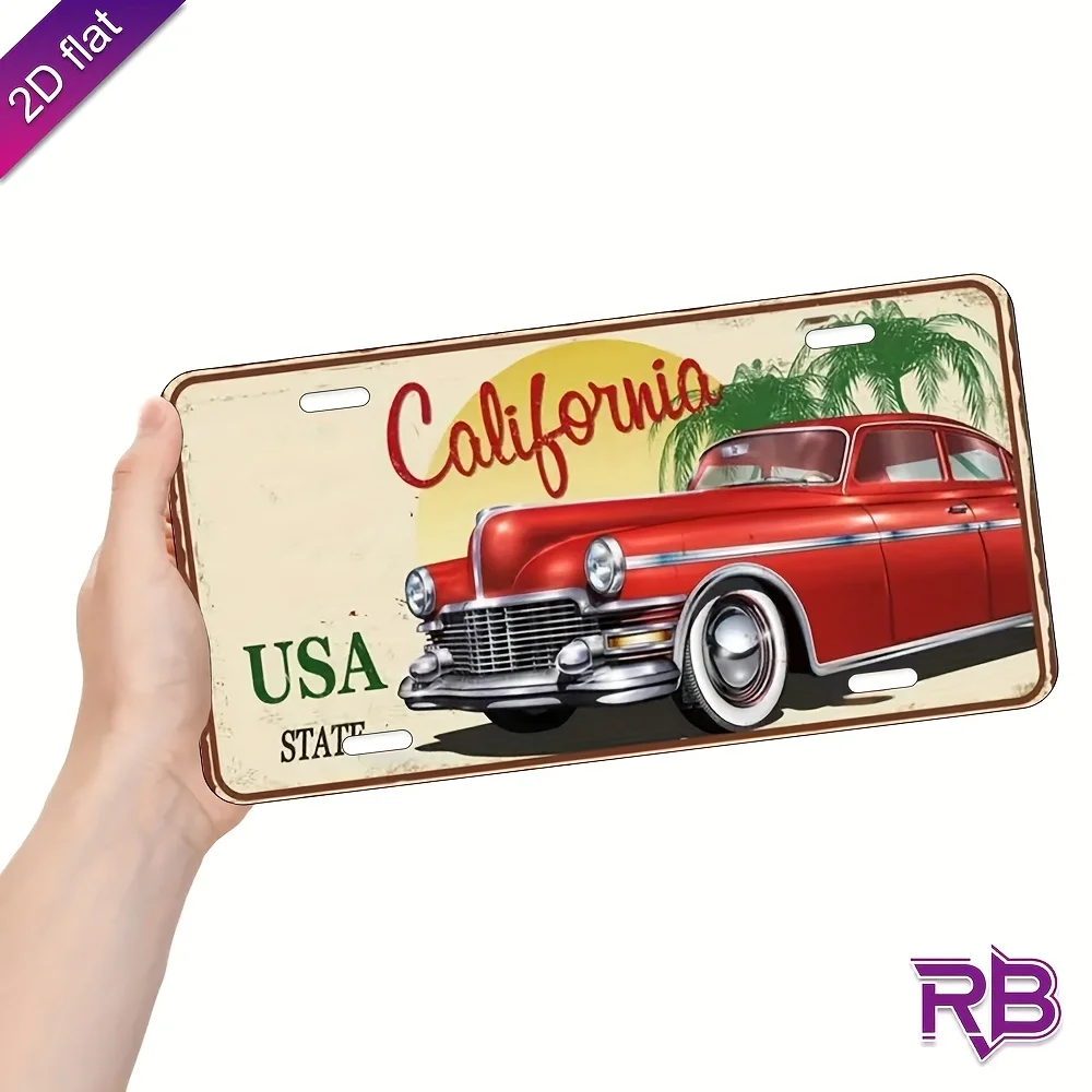 2D Flat, 1pc Aluminum Metal Sign with California USA License Plate Design - Vintage Car & Palm Tree Wall Art, UV Printed view 3