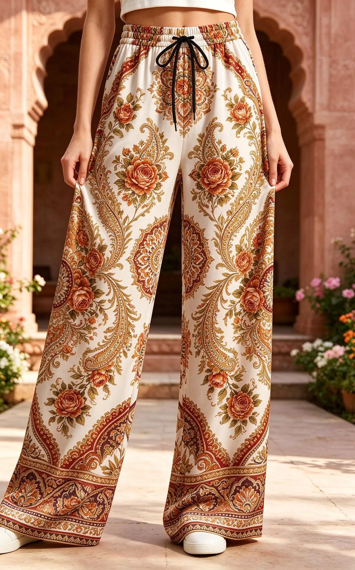 Women Mid Waist Wide Leg Pants Boho Peacock Feather Paisley Print Drawstring Casual Trousers with Pockets