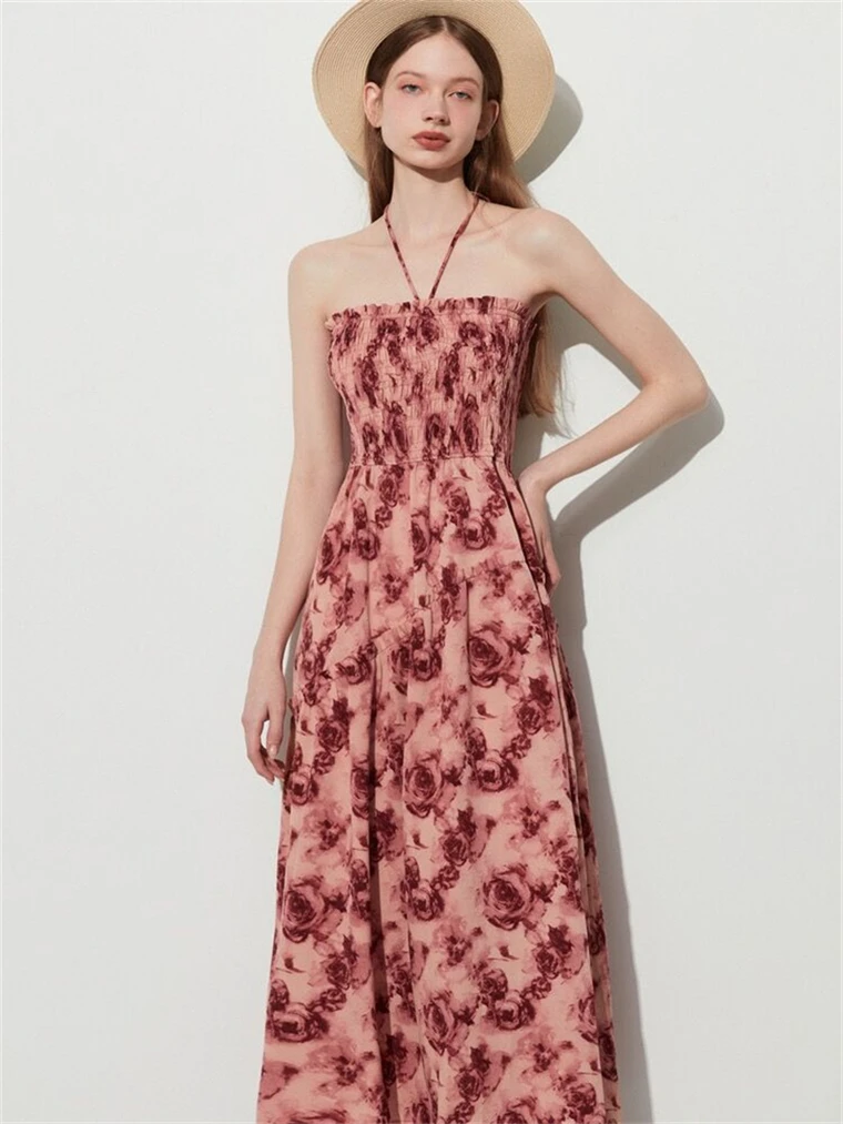 Bloemenprint Verstoorde Halter Lange Jurk 2023 Zomer Nieuwe Slanke Mouwloze Patry Strand Stijl Spaghetti Jurk Vrouwen Vestidos