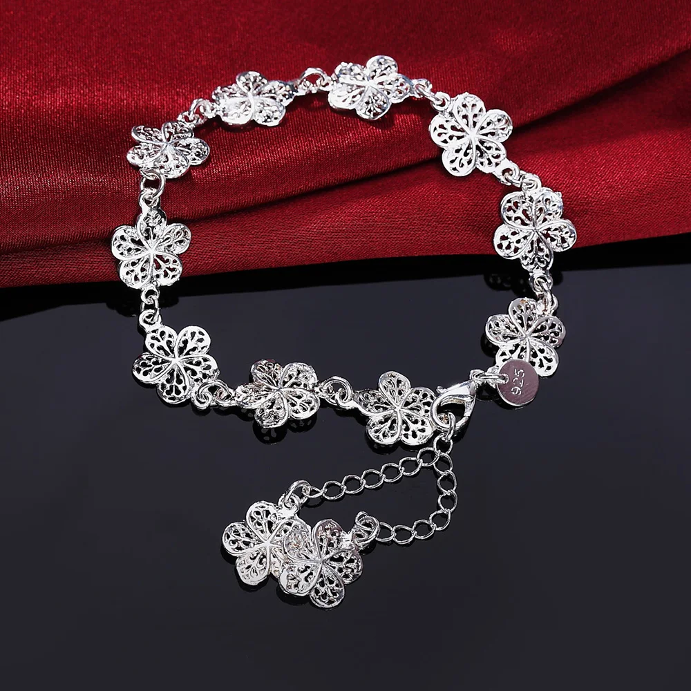 

Charm 925 Sterling Silver Bracelets for Women Retro Flowers Chain Fashion Wedding Party Christmas Gifts Fine Jewelry
