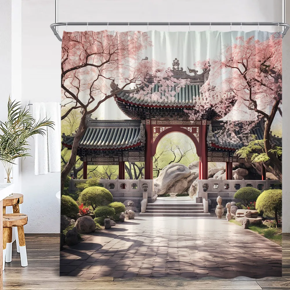 Chinese Garden Shower Curtain Asian Yard Green Plant Pink Flower Arched Door Bathroom Decor Classical Polyester Bath Curtain wit