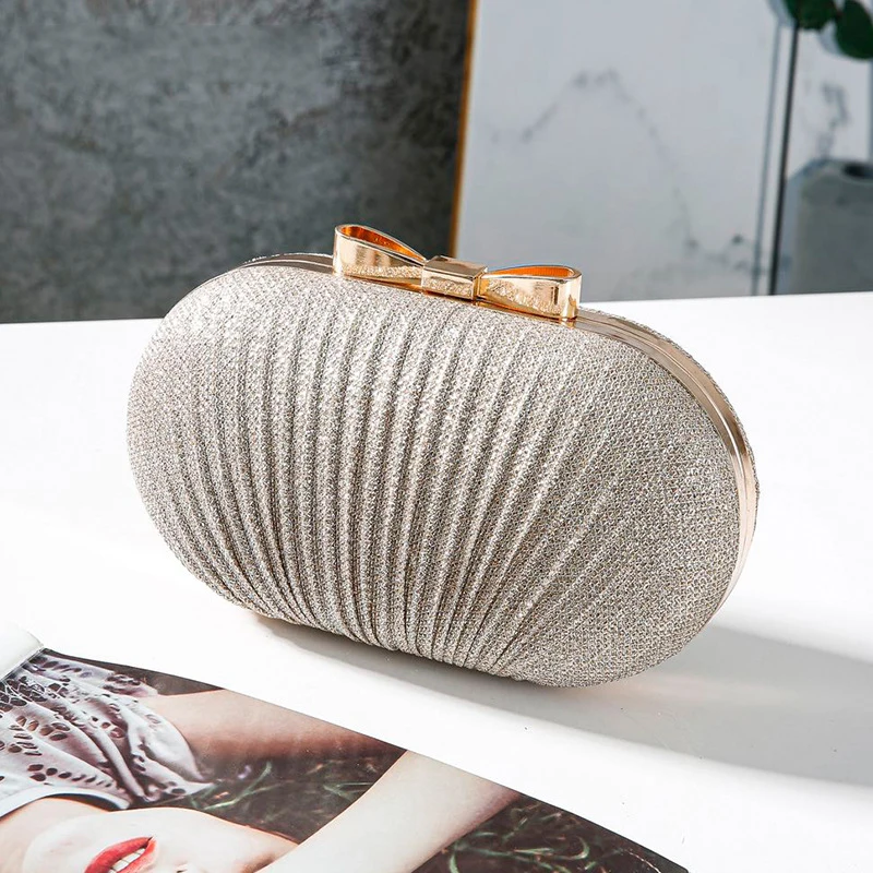 New Fashion Dinner Bag Women Sequin Pleated Oval Clutch Banquet Chain Bag Crossbody Purse Evening Party Clutches Luxury Handbags