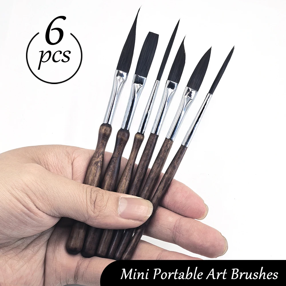 6pcs Mini Portable Art Burshes Nylon Short-stemmed Wood Brush Watercolor Acrylic Paintbrush For Art Students Painting Supplies