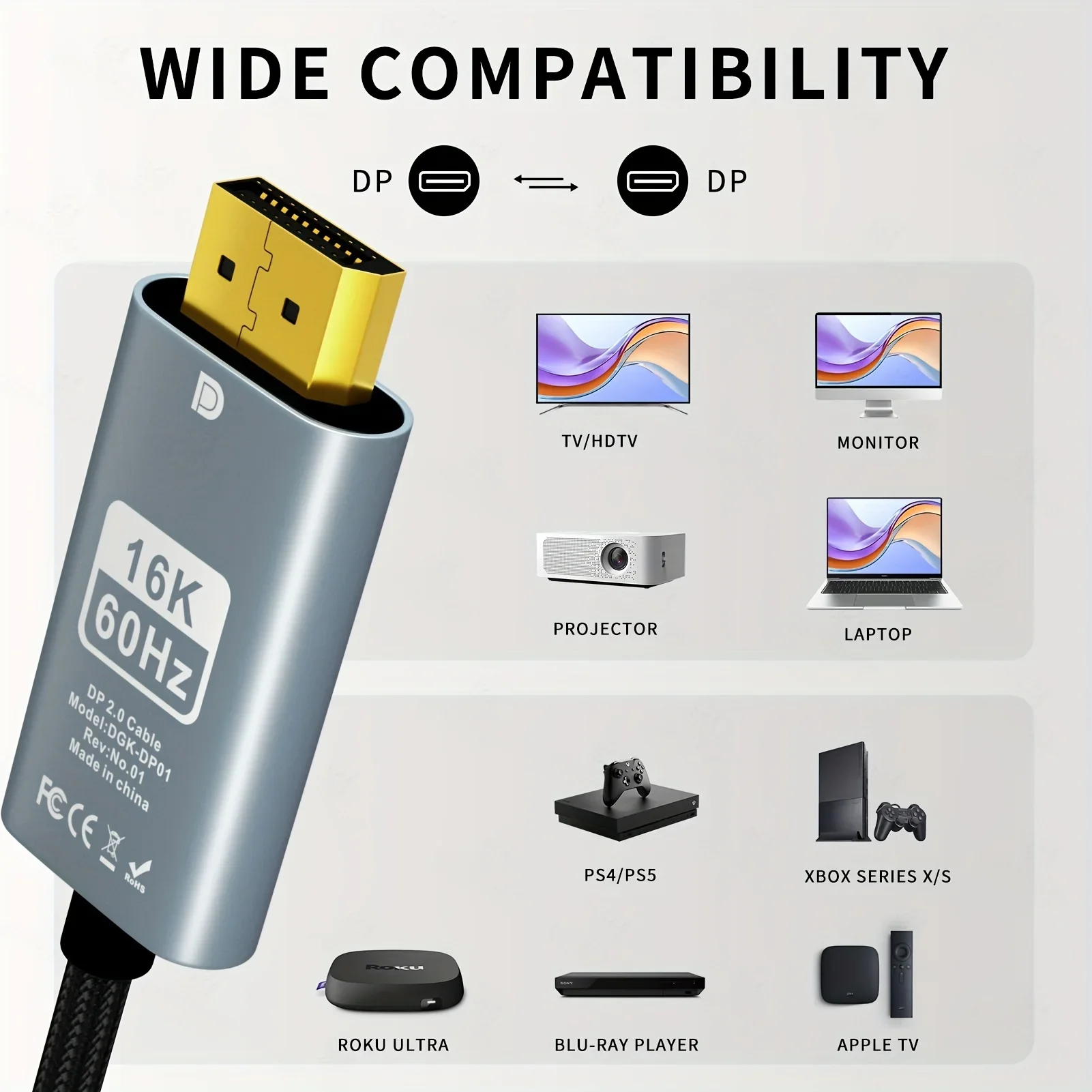 DisplayPort 2.0 Cable 16K60Hz 8K120Hz 80Gbps DP 2.0 Cable HDCP DSC 1.2a Display Port 2 1 Cord Compatible FreeSync G-Sync Monitor