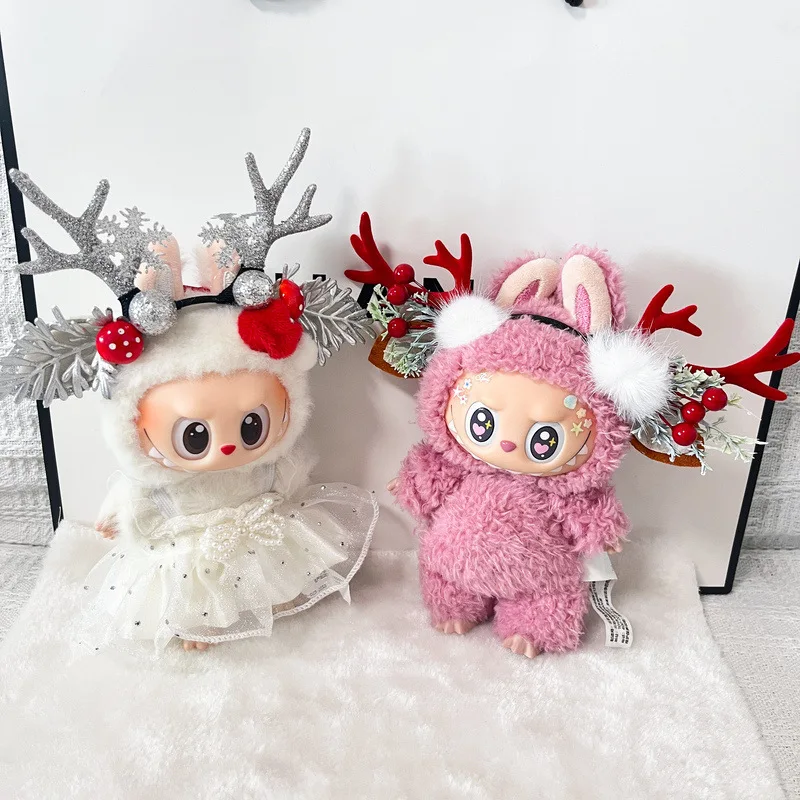 

Christmas HeadbandF For 15/17cm Labubu 1st-3rd Gen Outfits/ Accessories Silver Snowflake-Reindeer Headband And White Dress Set