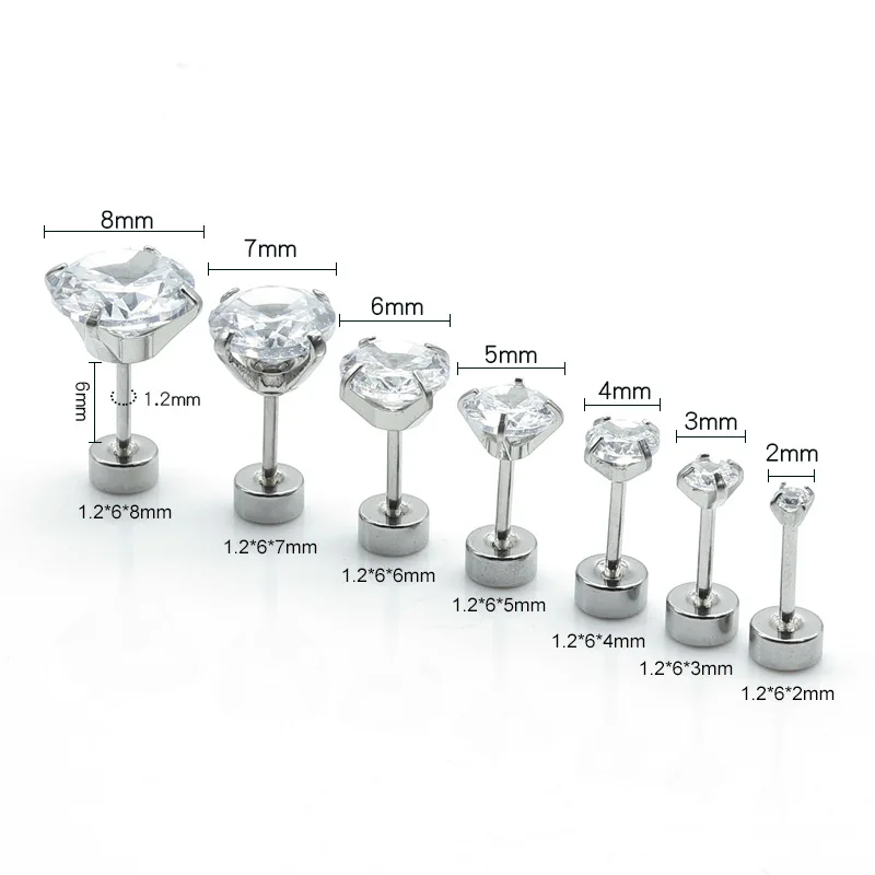 Minimalistische Mode-Ohrstecker aus Zirkon und Edelstahl, Liebes-Piercing-Schmuck, AAA-Qualität, 0,8/1,2x6mm, Größe 3-8mm – Detail 2