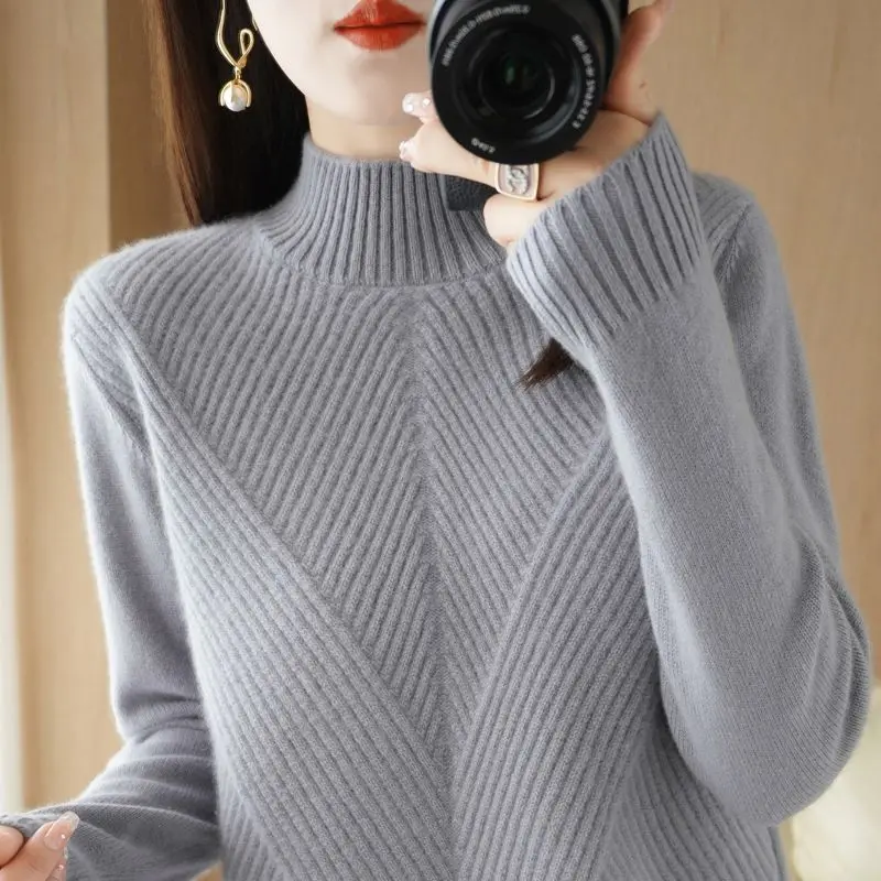 Women's Solid Color Half High Collar Screw Thread Knit Autumn and Winter Slim Elegant Pullover Long Sleeve Underlay Sweater Tops